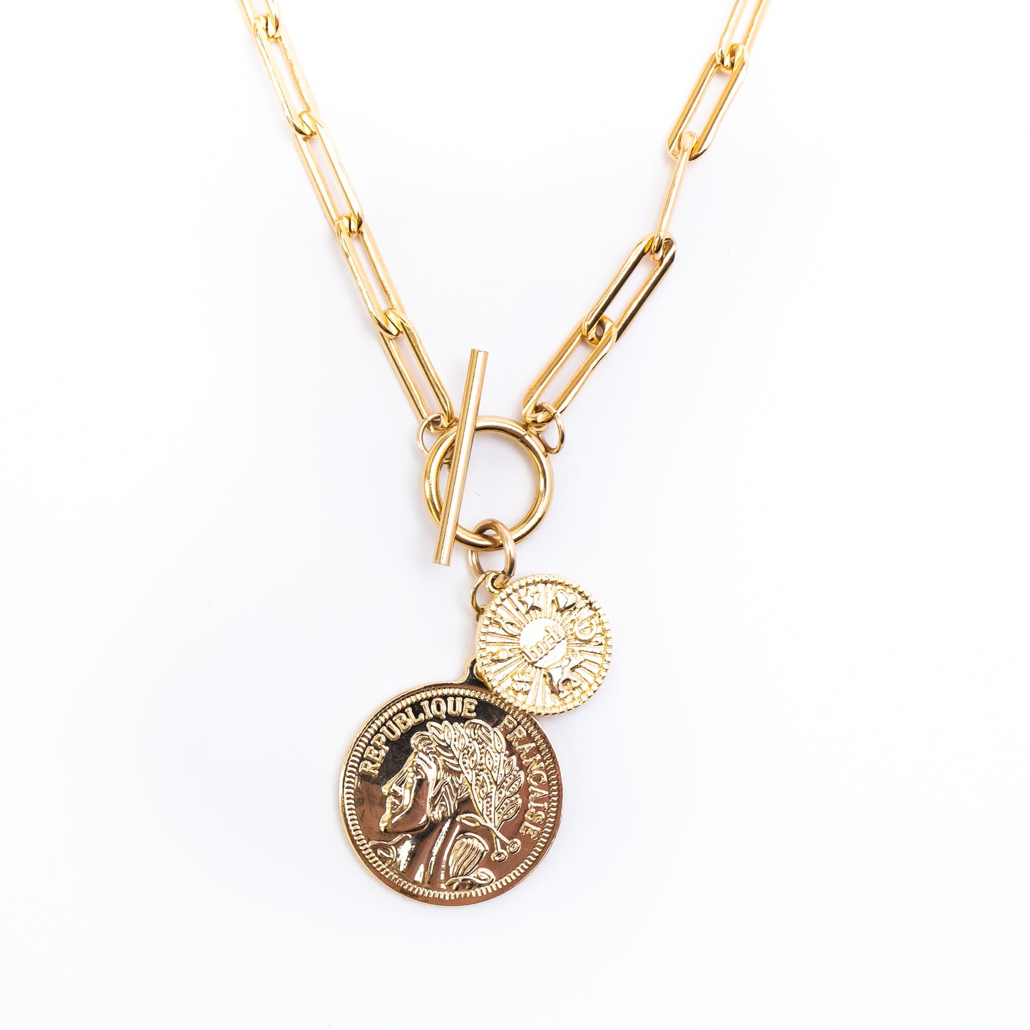 Bold Coin Toggle Gold Drop Necklace