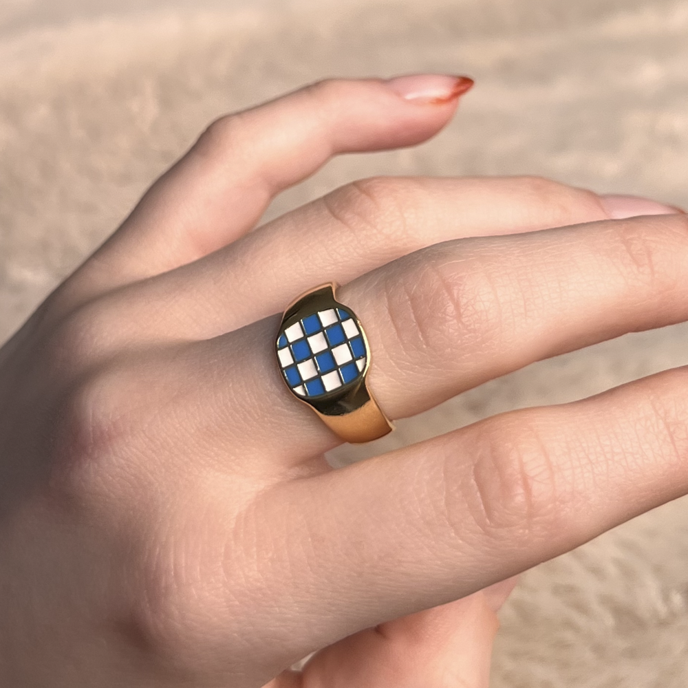 Blue Checkered Signet Ring