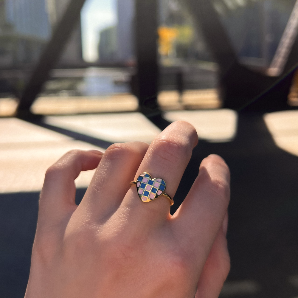 Blue Checkered Heart Ring